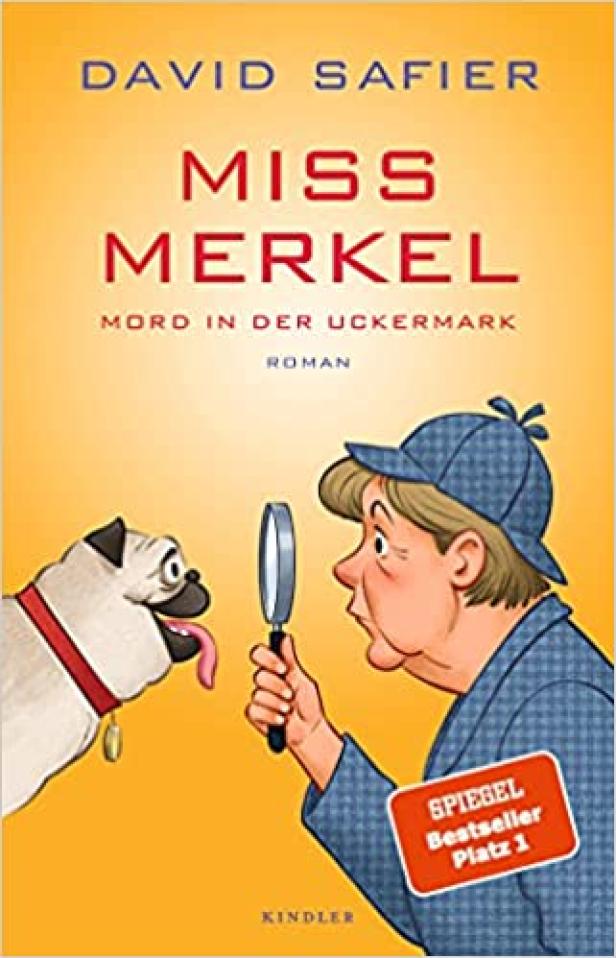 Das Cover des Romans „Miss Merkel: Mord in der Uckermark“ zeigt eine Frau mit Lupe und einen Mops.