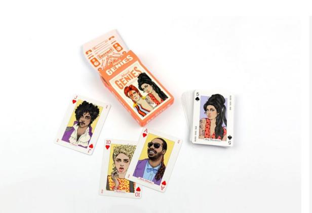 Ein Kartenspiel „Music Genies“ mit Abbildungen von Prince, Madonna, Stevie Wonder und Amy Winehouse.