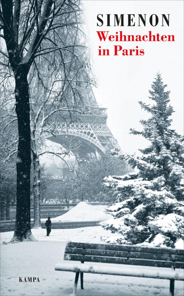 Das Buch „Weihnachten in Paris“ von Simenon zeigt den Eiffelturm im verschneiten Paris.