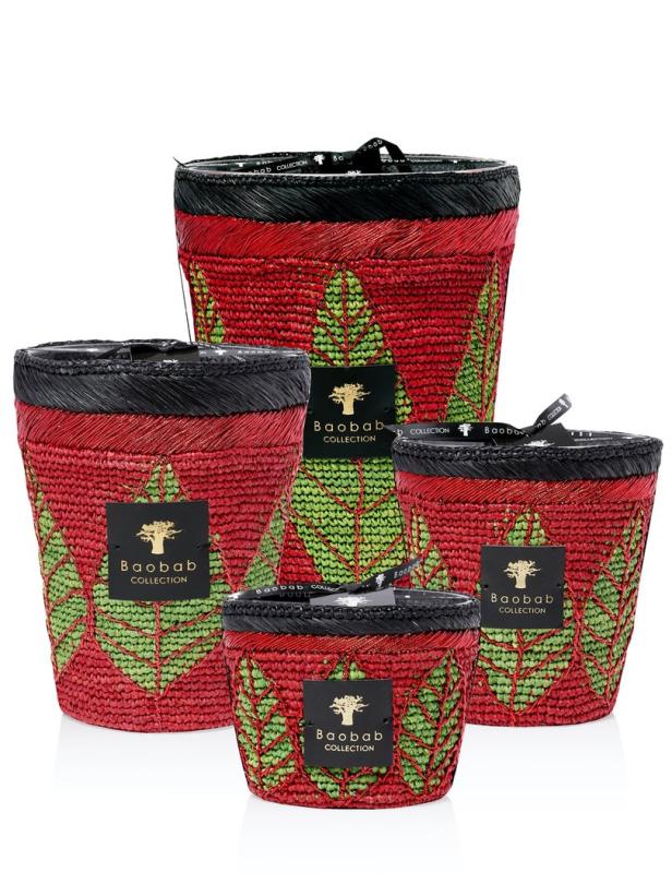 Eine Kollektion von roten, handgeflochtenen Übertöpfen der Marke Baobab Collection mit grünen Blattmotiven.