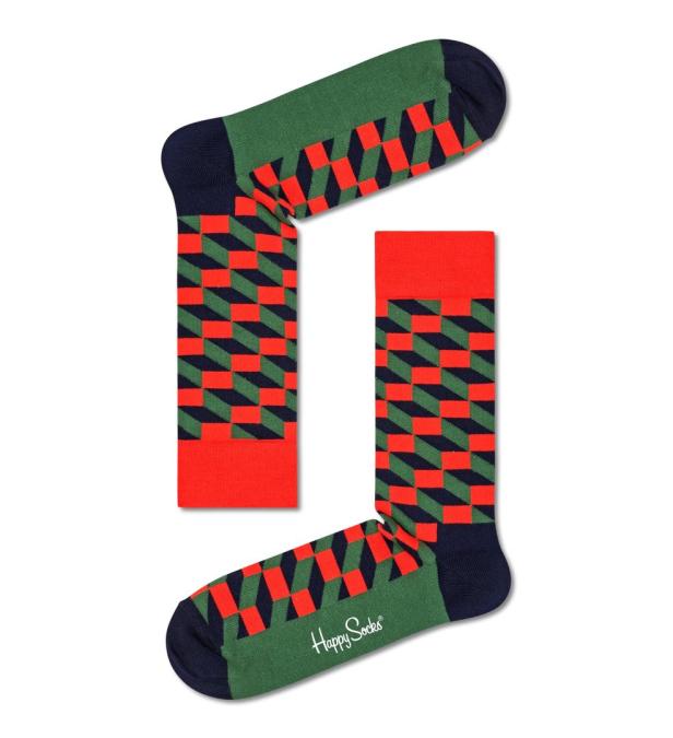 Zwei Socken von Happy Socks mit einem geometrischen Muster in Rot, Grün und Dunkelblau.