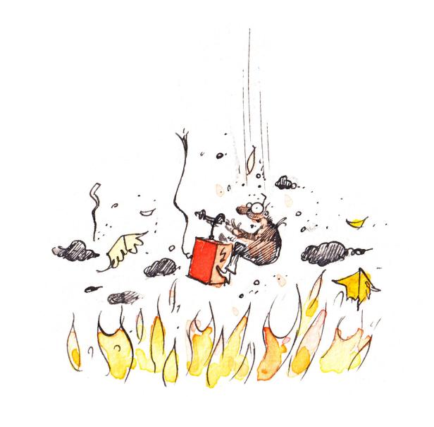Eine Cartoonfigur fällt mit einem roten Kasten in ein Feuer.
