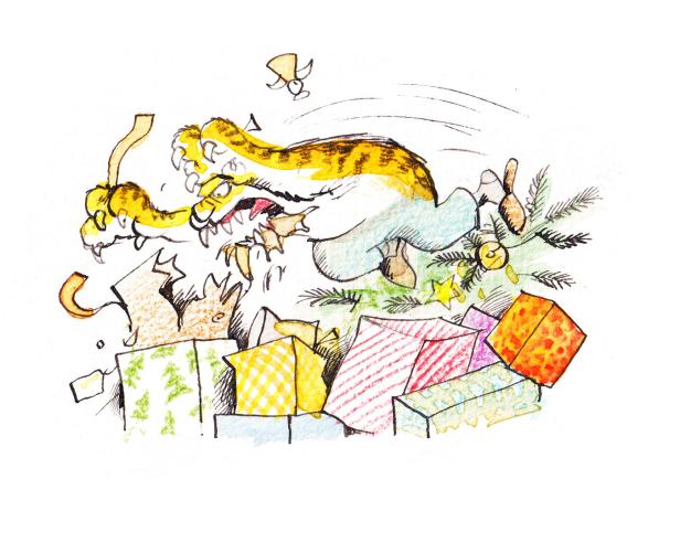 Eine Cartoon-Katze reißt Weihnachtspakete unter einem Weihnachtsbaum auf.