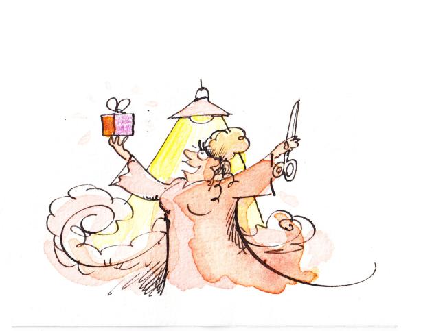 Eine karikaturartige Frau hält ein Geschenk und eine Schere unter einer Lampe.