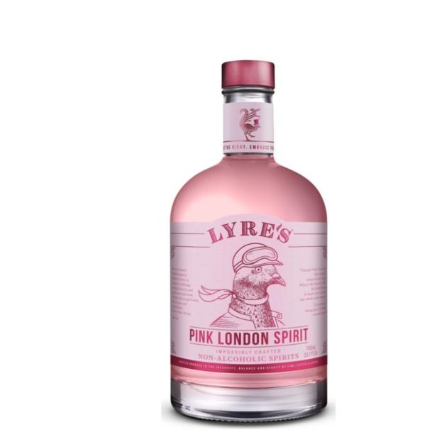 Eine Flasche Lyre's Pink London Spirit, eine alkoholfreie Spirituose mit einem Tauben-Logo.