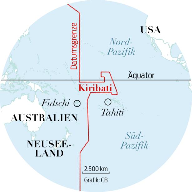 Eine Karte, die Kiribati und seine Lage im Pazifik in Bezug auf die Datumsgrenze zeigt.