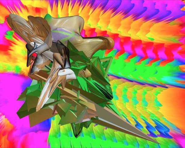 Eine abstrakte, farbenfrohe 3D-Grafik mit geometrischen Formen.