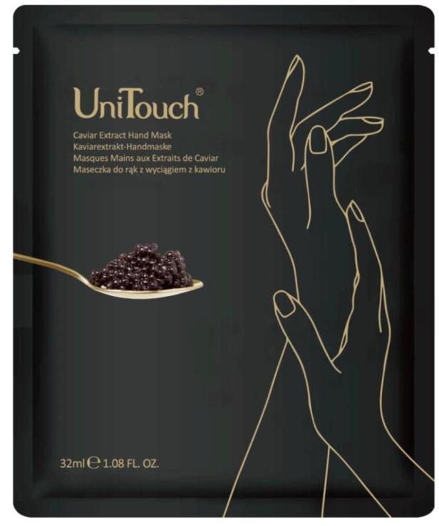 Eine Handmaske von UniTouch mit Kaviarextrakt wird beworben.