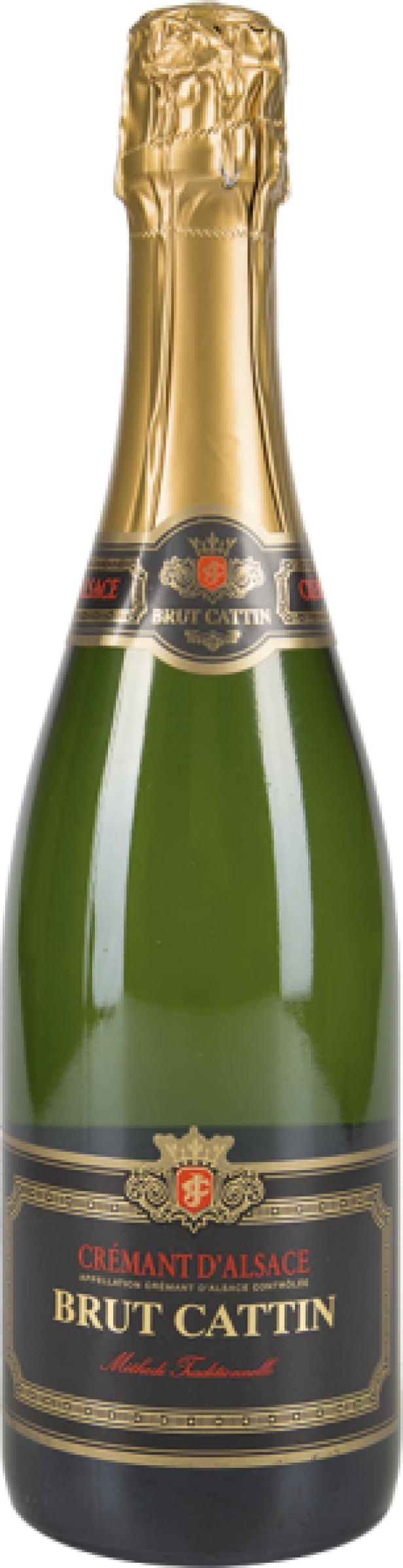 Eine Flasche Crémant d'Alsace Brut Cattin Sekt.