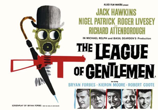 Das Filmplakat für „Die Liga der Gentlemen“ zeigt eine Gasmaske mit Melone und Regenschirm, die eine Waffe hält.