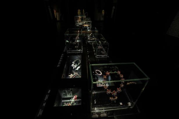 Schmuckstücke sind in Glasvitrinen in einer dunklen Museumsausstellung ausgestellt.