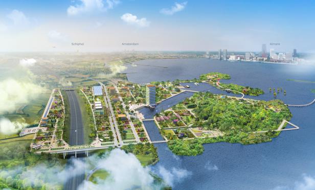 Eine Luftaufnahme einer futuristischen Stadtlandschaft in der Nähe von Schiphol, Amsterdam und Almere.