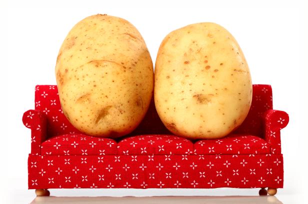 Zwei Kartoffeln sitzen auf einem roten Miniatursofa.