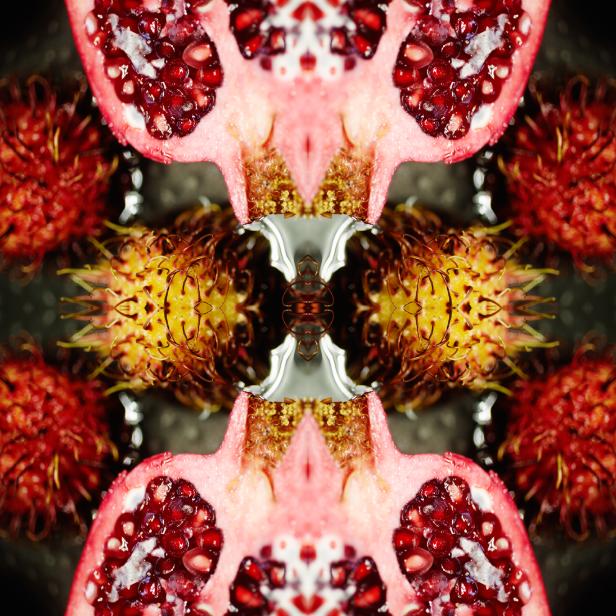 Ein kaleidoskopisches Muster aus Granatapfel und Rambutanfrüchten.