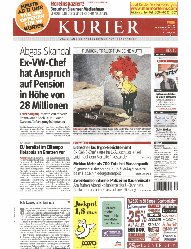 Titelseite des Kurier vom 25. September 2015 mit Schlagzeilen zu verschiedenen Themen.
