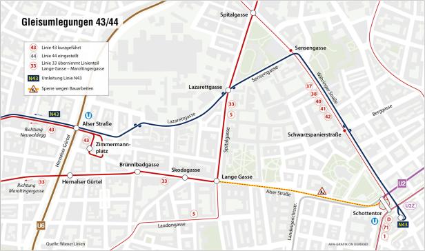 U5-Bau: Straßenbahnen 43 und 44 werden Mitte Jänner umgeleitet