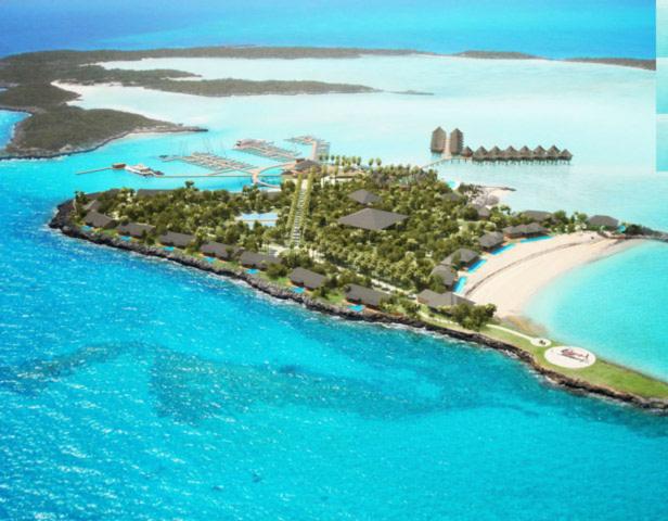 Luftaufnahme einer tropischen Insel mit Luxusresort, Yachthafen und Hubschrauberlandeplatz.