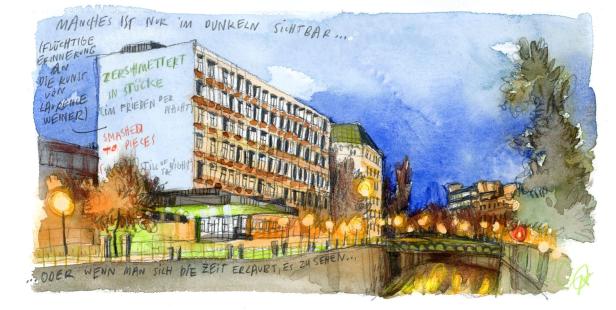 Eine Aquarellzeichnung eines Gebäudes mit dem Schriftzug „Zershmmettert in Stücke“.