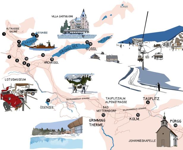 Eine illustrierte Karte der Region um Altaussee mit Seen, Bergen, Sehenswürdigkeiten und Ortsnamen.