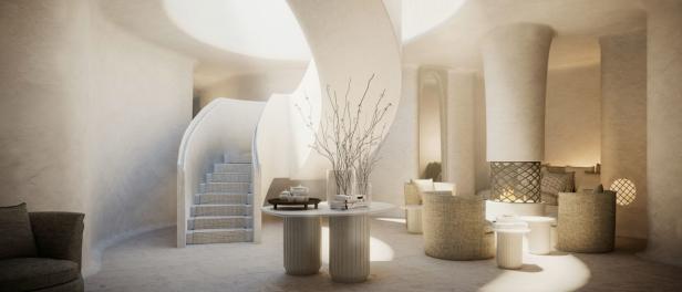 Ein helles, modernes Interieur mit einer Wendeltreppe und minimalistischer Dekoration.