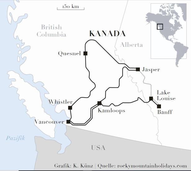 Eine Karte von British Columbia und Alberta, Kanada, mit eingezeichneten Reiserouten.