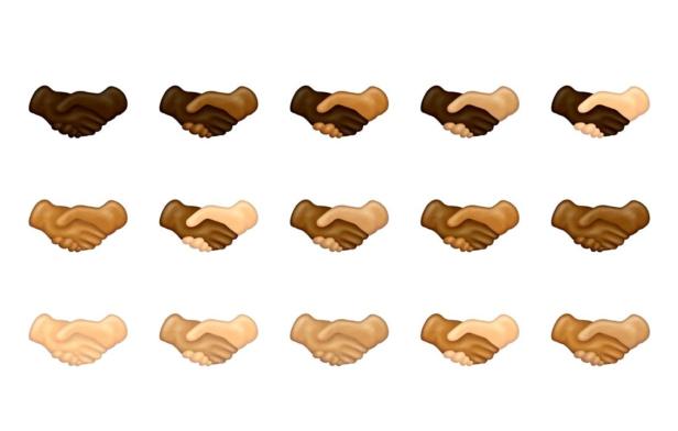 Eine Anordnung von Emoji-Händen unterschiedlicher Hautfarbe, die sich schütteln.
