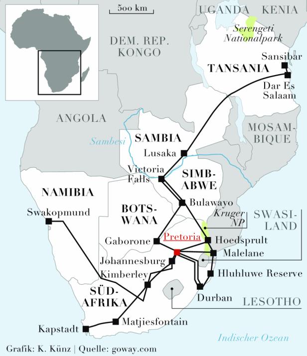 Eine Karte von Südafrika mit eingezeichneten Reiserouten und Städten wie Pretoria und Kapstadt.