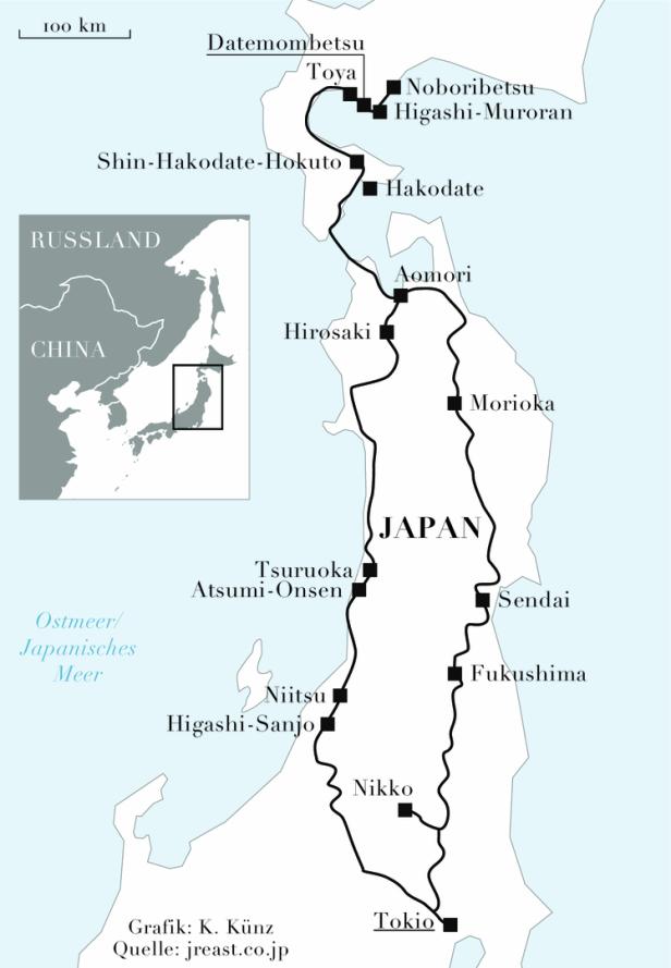 Eine Karte von Japan mit eingezeichneter Bahnstrecke und Städtenamen wie Tokio und Fukushima.