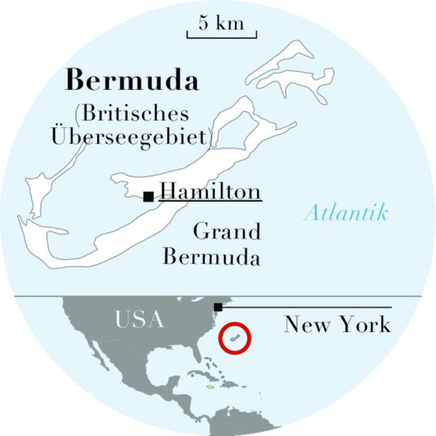 Eine Karte von Bermuda und seiner Lage im Atlantik, nahe der Küste der USA.