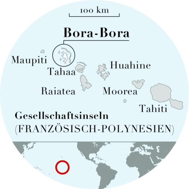 Eine Karte der Gesellschaftsinseln in Französisch-Polynesien, einschließlich Bora-Bora und Tahiti.