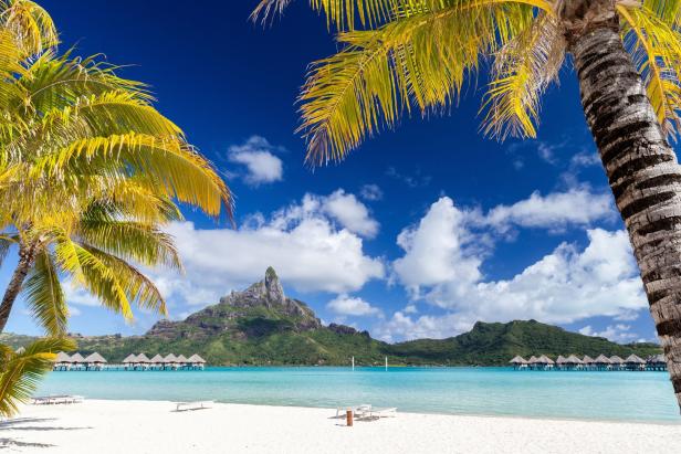 Ein tropischer Strand mit Palmen und Blick auf einen Berg und Bungalows im Wasser.