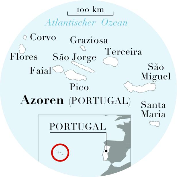 Eine Karte der Azoreninseln, die zu Portugal gehören und im Atlantischen Ozean liegen.