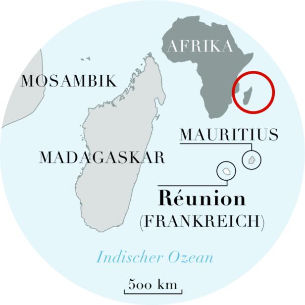 Eine Karte, die Madagaskar, Afrika und die Inseln Mauritius und Réunion im Indischen Ozean zeigt.