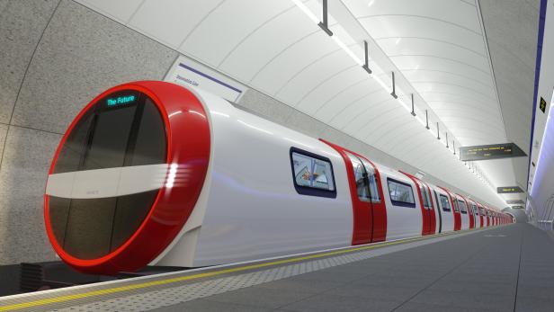 Ein futuristischer Zug der „Innovation Line“ mit der Aufschrift „The Future“ steht in einer U-Bahn-Station.