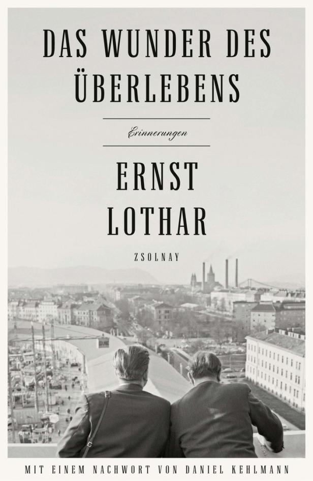 Das Cover des Buches „Das Wunder des Überlebens“ von Ernst Lothar zeigt zwei Männer mit Blick auf Wien.