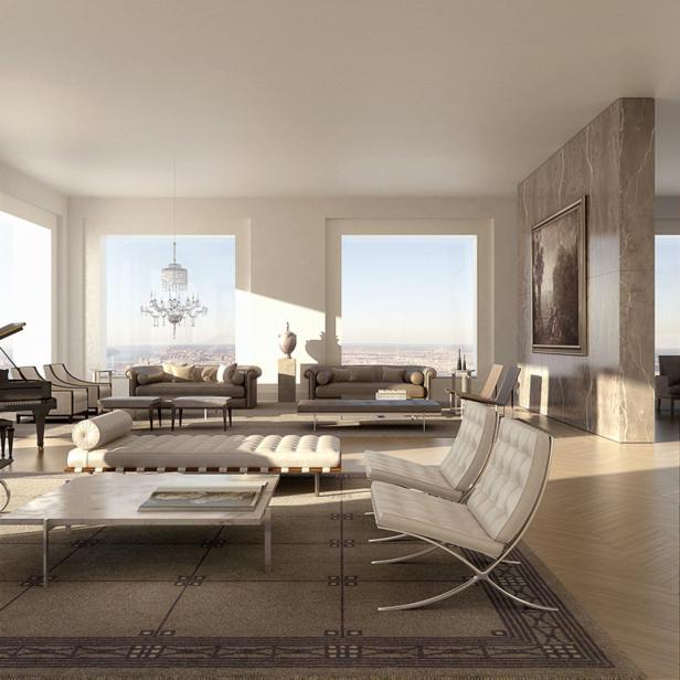 Ein luxuriöses Wohnzimmer mit Designermöbeln und Blick auf die Stadt.