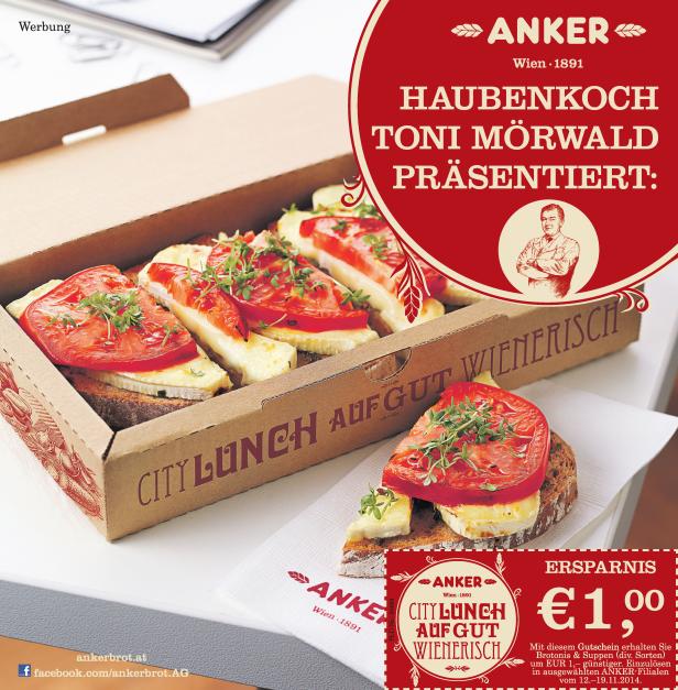 Ein City Lunch von Anker mit belegten Broten in einer Pappschachtel.