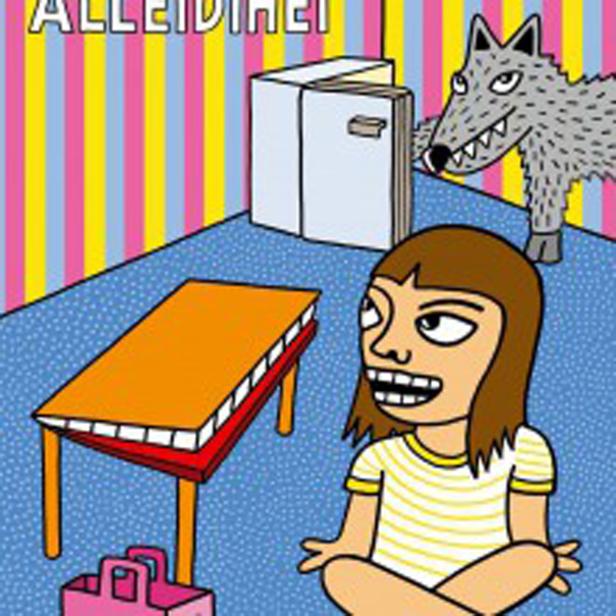 Eine stilisierte Illustration mit einer sitzenden Person, einem Wolf und Möbeln in einem bunten Raum.