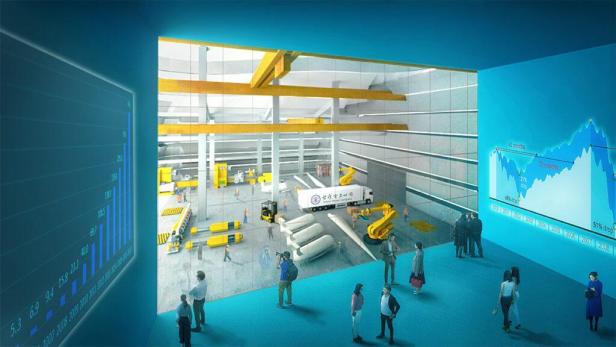 Eine Visualisierung einer Fabrikhalle mit Windkraftanlagen-Komponenten und Besuchern.