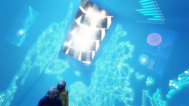 Zwei Kinder blicken in einem Raum mit digitalen Grafiken und einem Oberlicht nach oben.