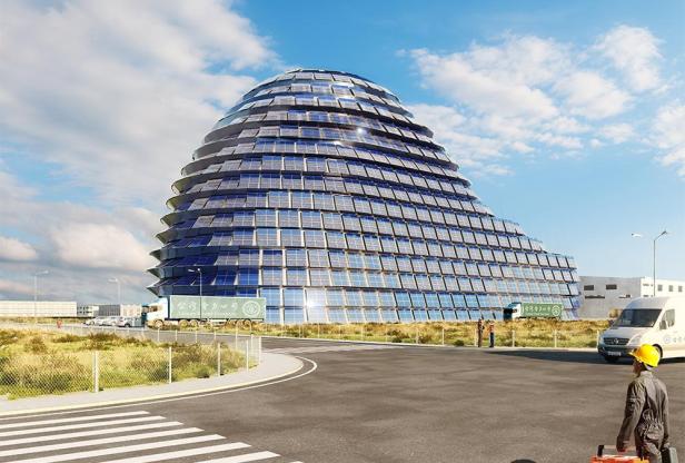 Ein Gebäude in Form eines Hügels, bedeckt mit Solarzellen.