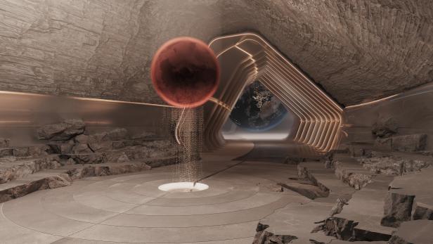 Ein roter Planet schwebt über einer futuristischen Anlage mit Blick auf die Erde.