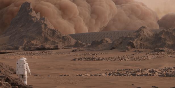 Ein Astronaut steht in einer staubigen Marslandschaft vor einer großen Staubwolke.