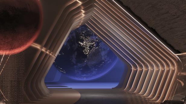 Ein futuristischer Gang mit Blick auf die Erde und einen roten Planeten.