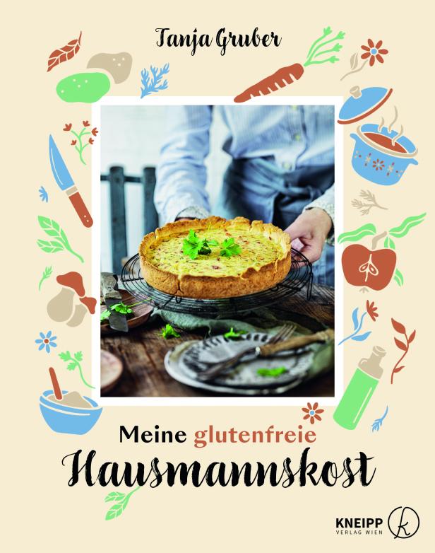 Das Buch „Meine glutenfreie Hausmannskost“ von Tanja Gruber mit einer Quiche auf dem Cover.