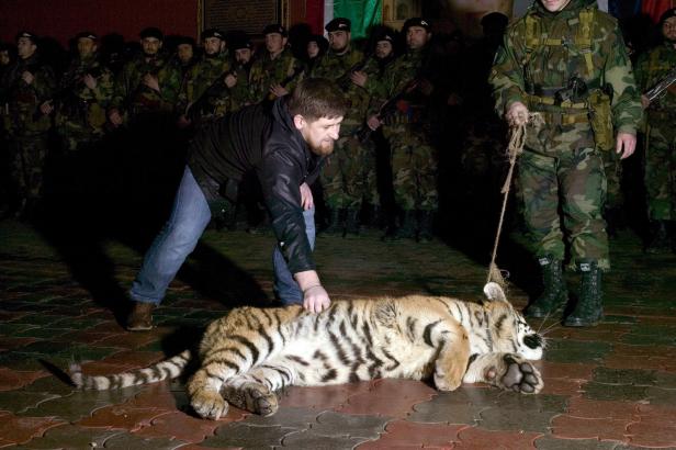 Ramsan Kadyrow streichelt einen Tiger, während Soldaten im Hintergrund stehen.