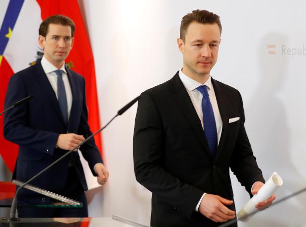 Austrian Chancellor Kurz and Finance Minister Bluemel arrive for a news conference during a Government meeting in Krems