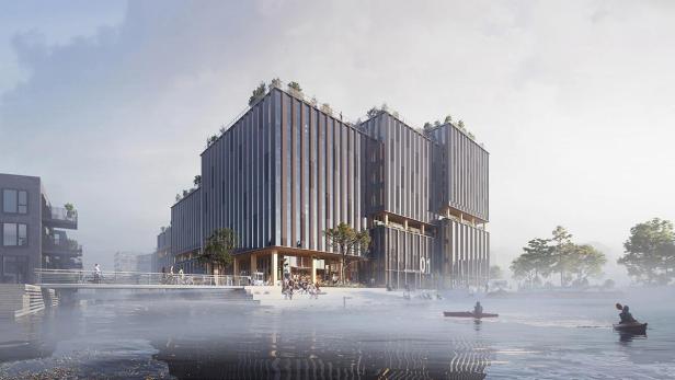 Ein modernes Bürogebäude am Wasser mit Menschen auf einer Uferpromenade und Kajaks im Wasser.