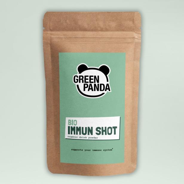 Eine Packung „Bio Immun Shot“ von Green Panda, ein Getränkepulver zur Unterstützung des Immunsystems.