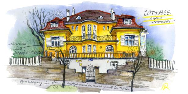 Eine Aquarellzeichnung der „Villa Sorgenfrei“ in Wien.